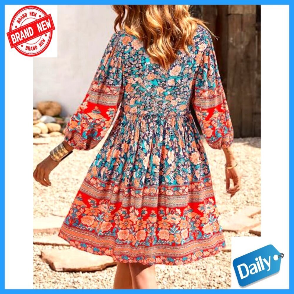 Floral Babydoll Mini Dress with V-Neck and 3/4 Sleeves - Picture 4 of 7